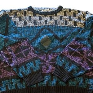VTG Masters Sweater Men's L Multicolor Patches Colorful Cozy Knit Winter Retro‎